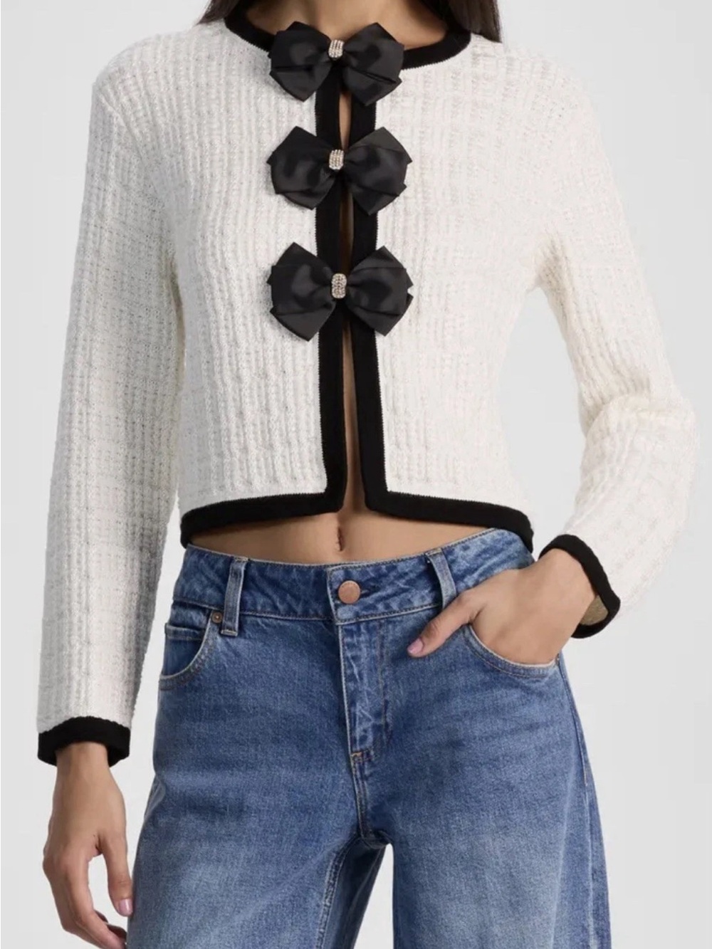 Alice + Olivia White/Black Akira Cardigan W/Crystal Embellished Bows NWT $440